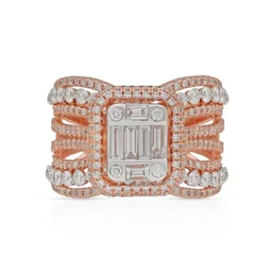 A decorative ring with a central rectangular stone, adorned with smaller gems and rose gold accents.