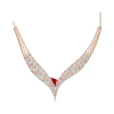 Rose gold necklace with a sleek design, featuring diamond accents and a central red gemstone.