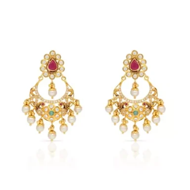 Gold earrings with red stones, pearls, and green accents in an intricate design.