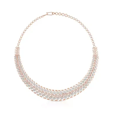 Rose gold necklace with a layered, textured design and a chain closure.