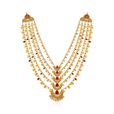 Gold necklace with multiple strands and red gemstone accents.