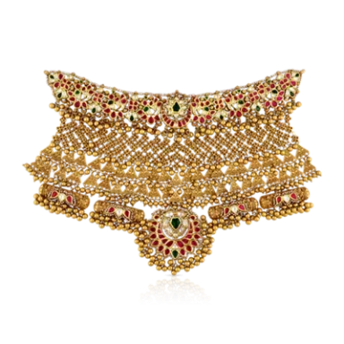 Traditional gold necklace adorned with intricate patterns and colourful gemstones.