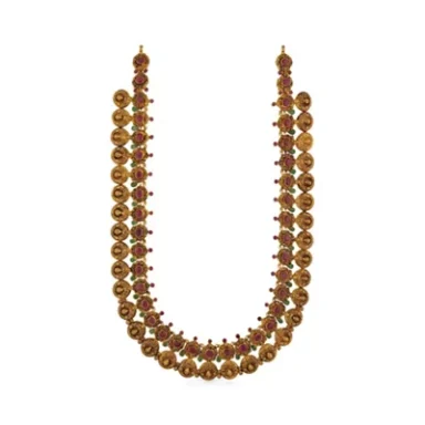 Gold and ruby necklace with layered design featuring round beads.