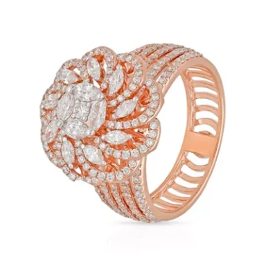 Ornate rose gold ring with floral design and multiple sparkling gemstones.