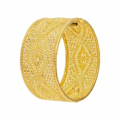 Intricately designed yellow bangle with a textured pattern and sparkling details.