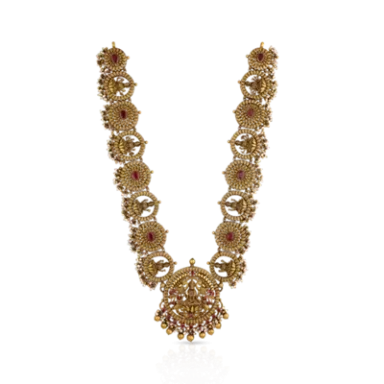 Gold necklace with floral designs and ruby accents.